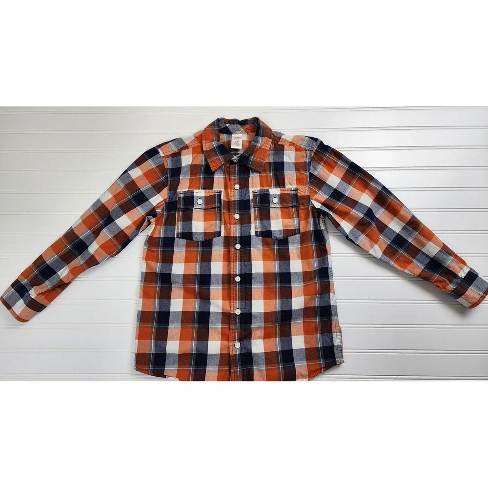Gymboree‎ Kids Boys Medium 7/8 Plaid Long Sleeve Button Up Shirt Orange Navy